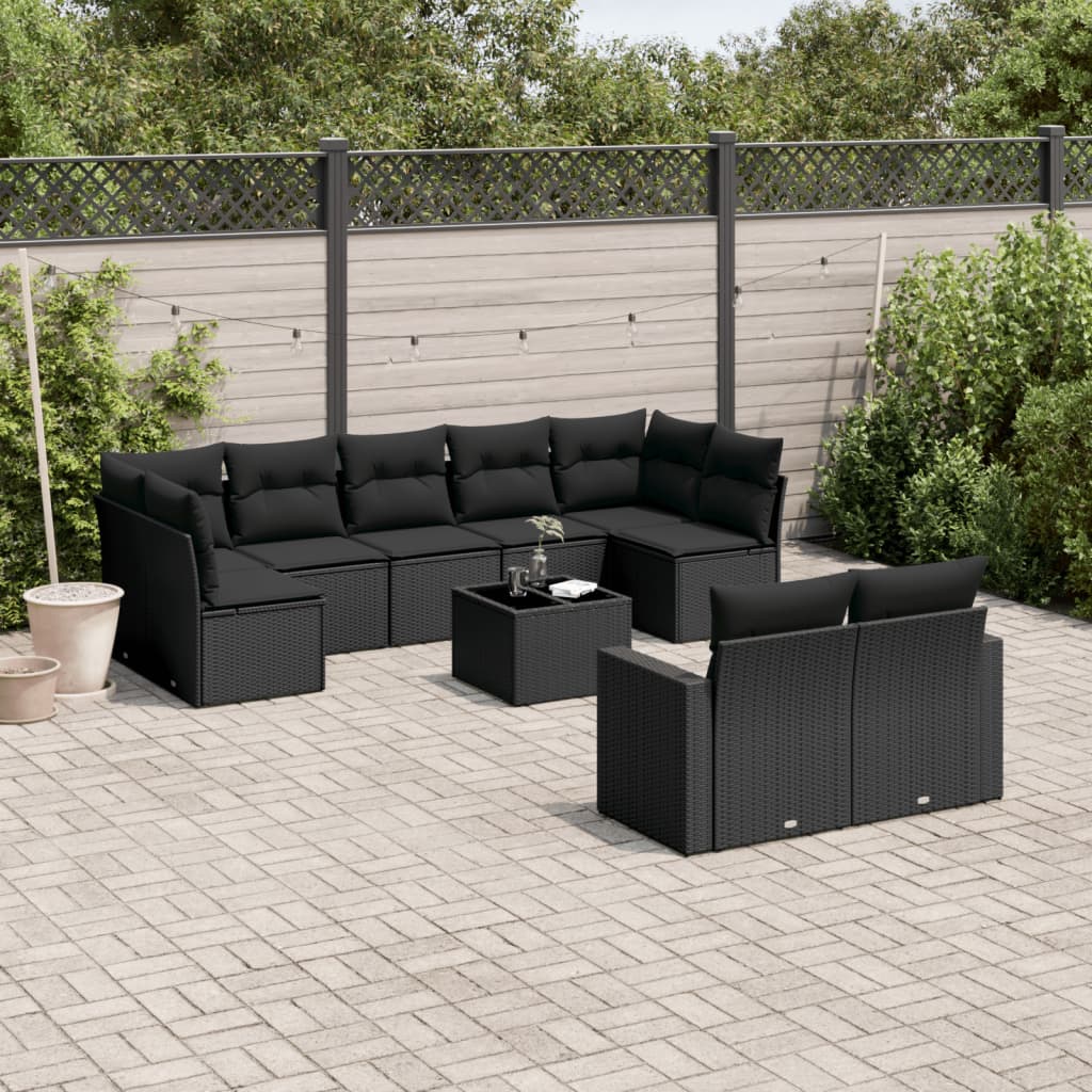 Set Divani da Giardino 10pz con Cuscini in Polyrattan Nero 3251762