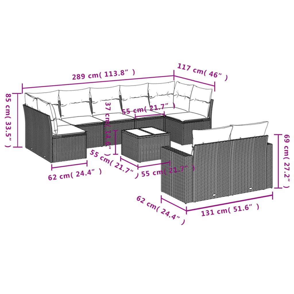 Set Divani da Giardino 10pz con Cuscini in Polyrattan Nero 3251763