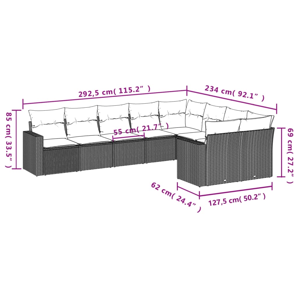 Set Divano da Giardino 9 pz con Cuscini Beige in Polyrattan 3251775