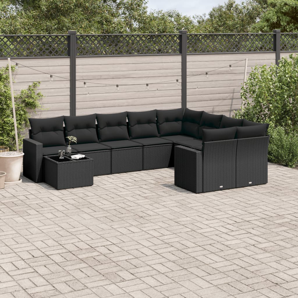 Set Divani da Giardino 10pz con Cuscini in Polyrattan Nero 3251792