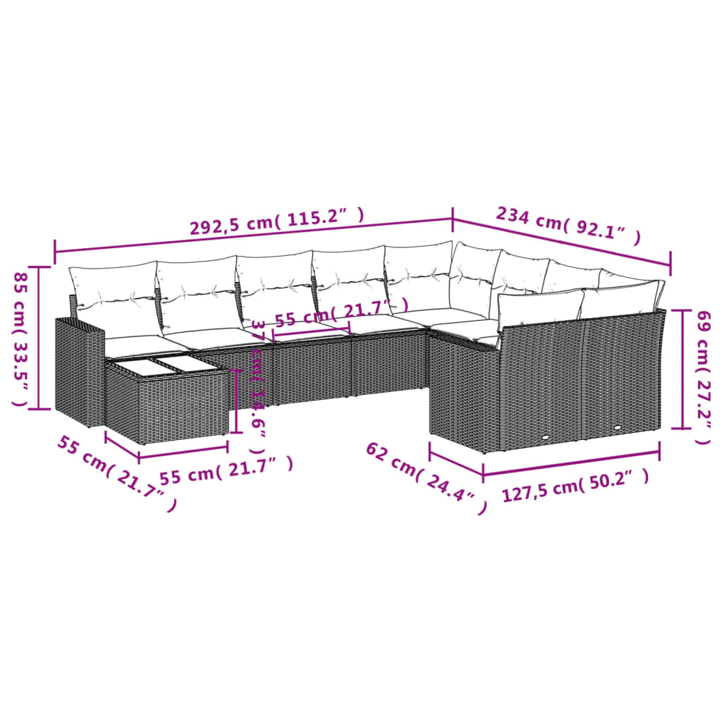 Set Divani da Giardino 10pz con Cuscini in Polyrattan Nero 3251793