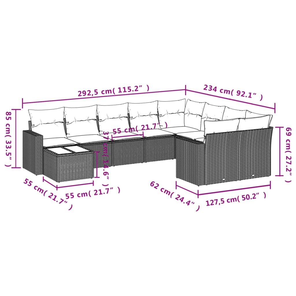 Set Divano Giardino 10 pz con Cuscini Grigio Chiaro Polyrattan 3251799