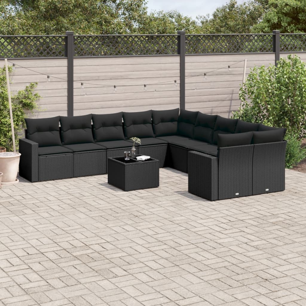 Set Divani da Giardino 11 pz con Cuscini in Polyrattan Nero 3251852