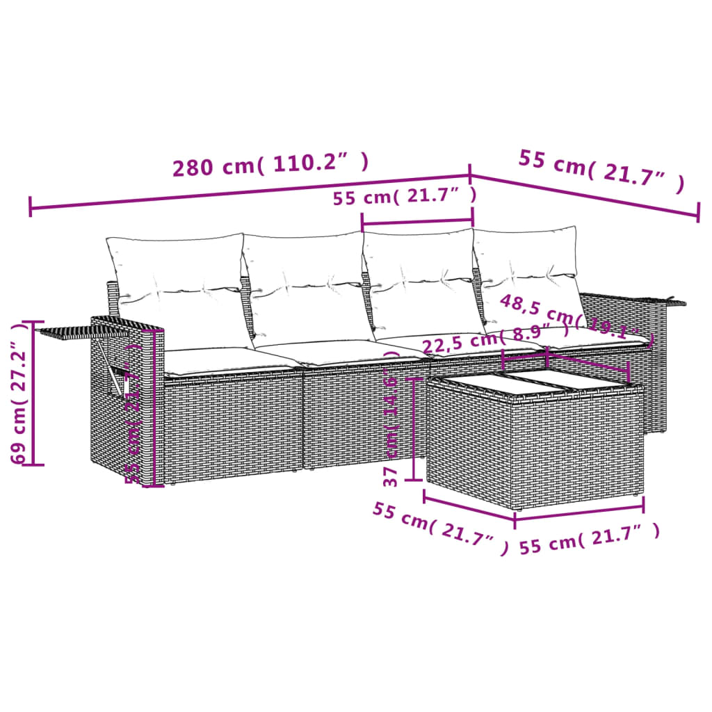 Set Divani da Giardino 5 pz con Cuscini in Polyrattan Nerocod mxl 88095