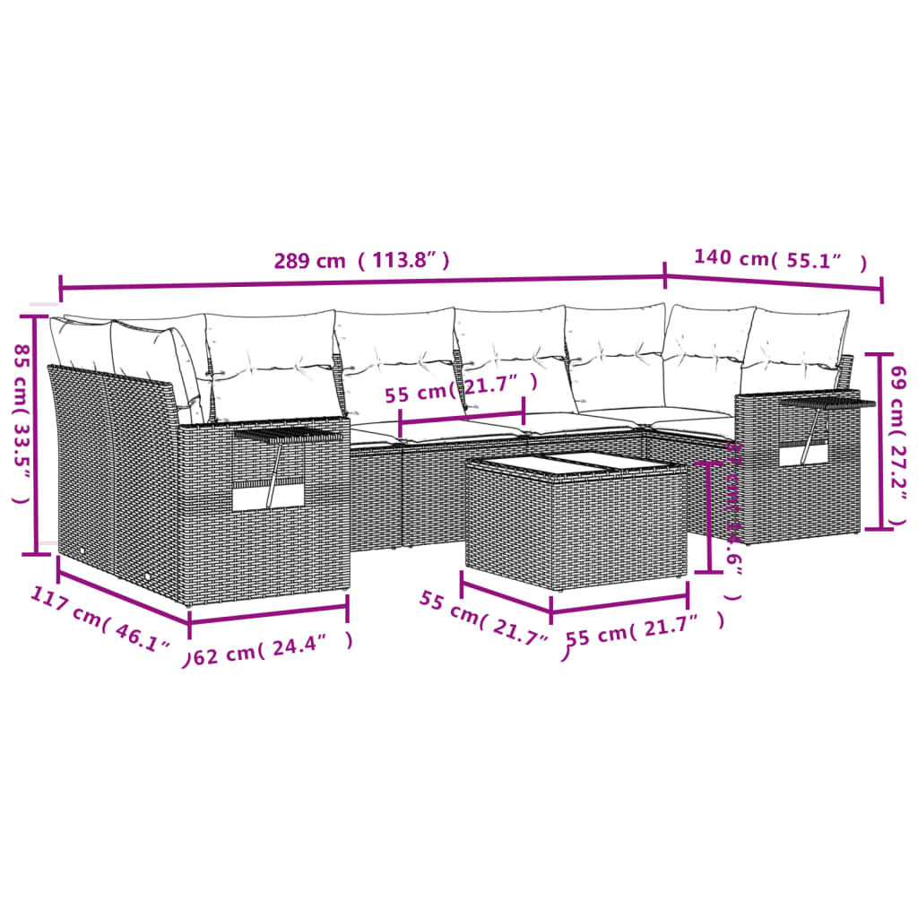 Set Divano da Giardino 8pz con Cuscini Grigio Chiaro Polyrattan 3252279