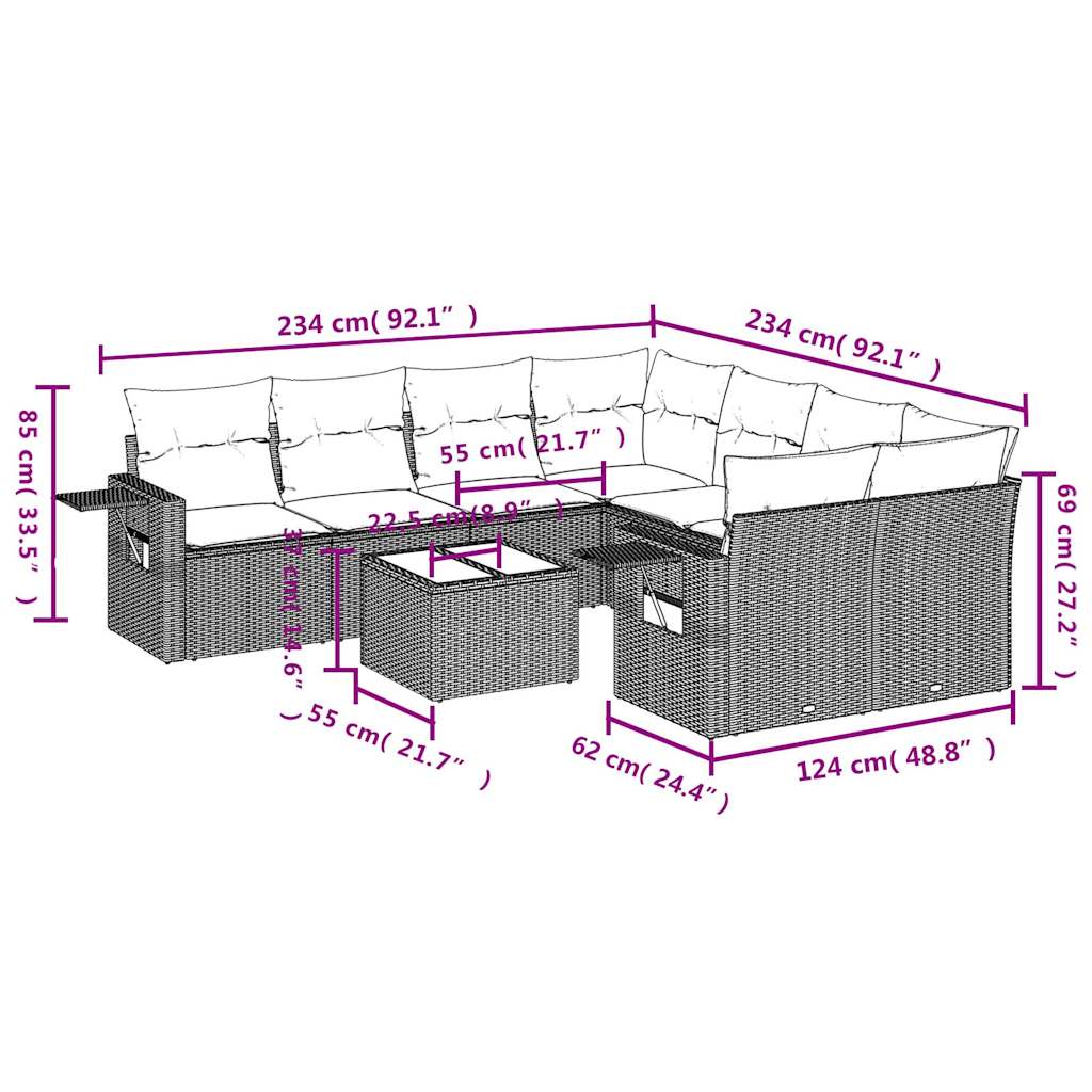 Set Divano da Giardino 9pz con Cuscini Grigio Chiaro Polyrattan 3252299