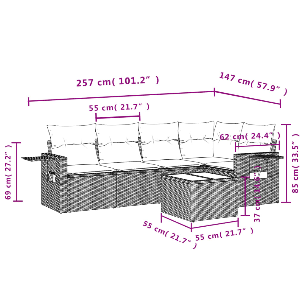 Set Divano da Giardino 6 pz con Cuscini Nero in Polyrattan 3252473