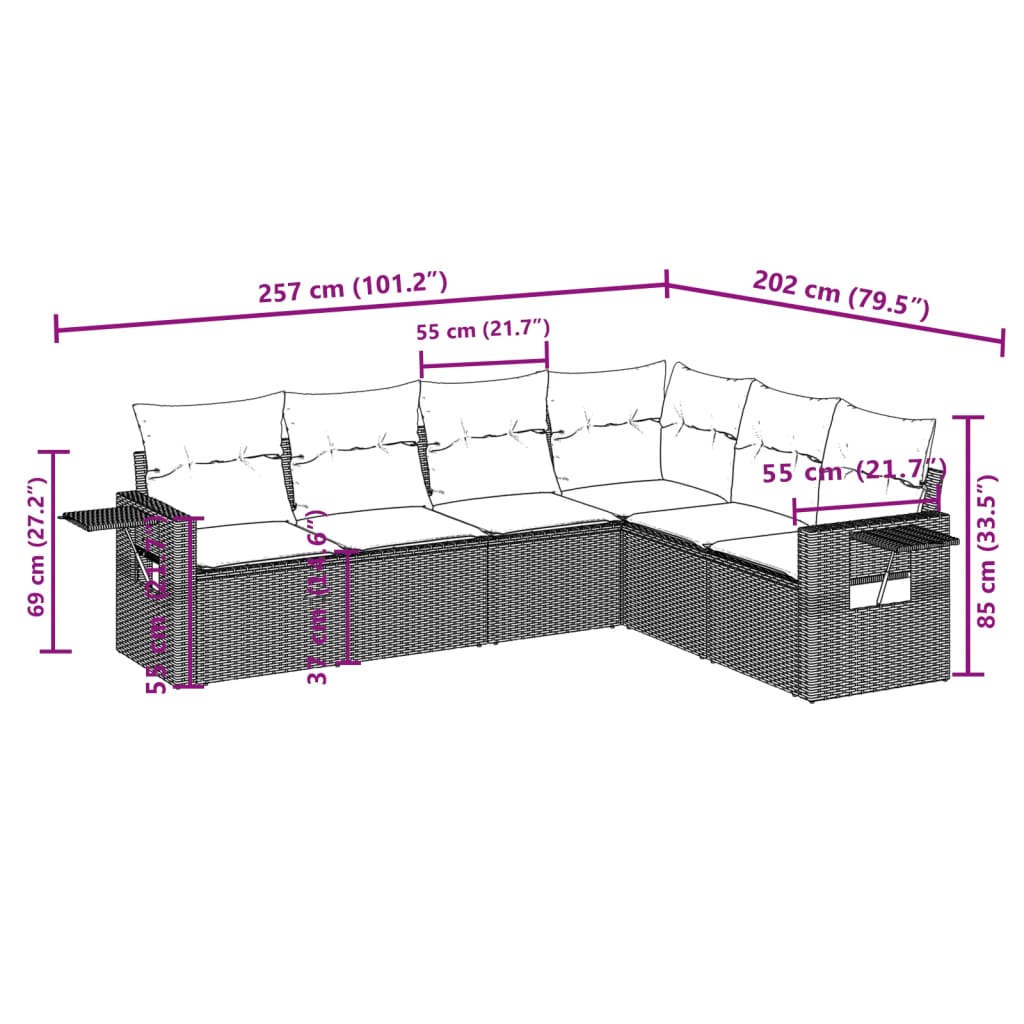 Set Divano da Giardino 6 pz con Cuscini Nero in Polyrattan 3252542