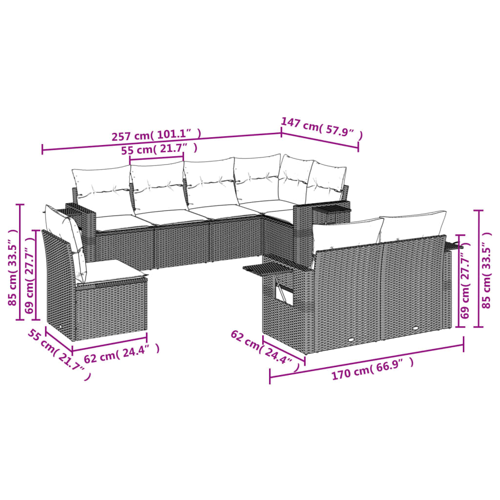 Set Divani da Giardino con Cuscini 8 pz Nero in Polyrattan 3252773