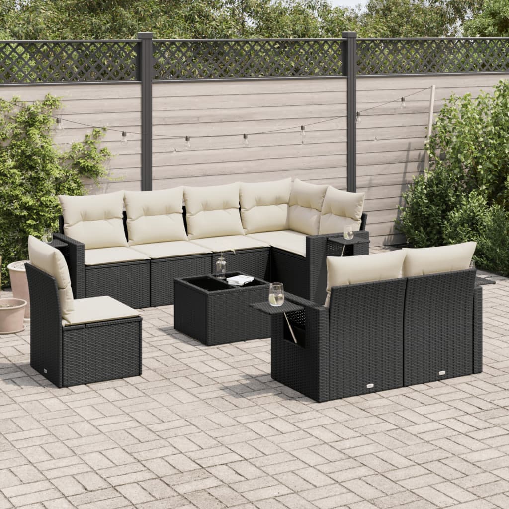 Set Divani da Giardino 9 pz con Cuscini Nero in Polyrattan 3252783