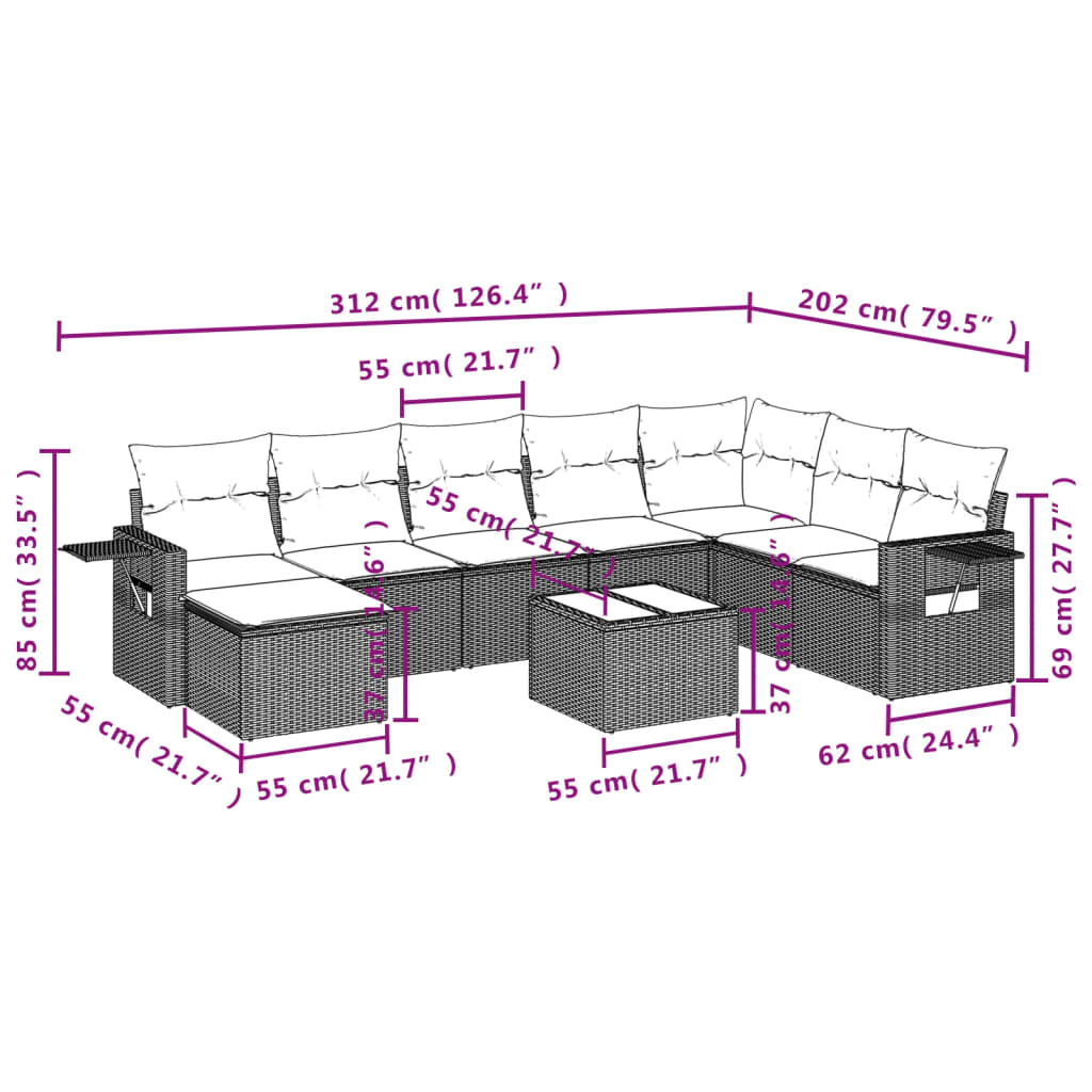 Set Divano da Giardino 9 pz con Cuscini Beige in Polyrattan 3252905