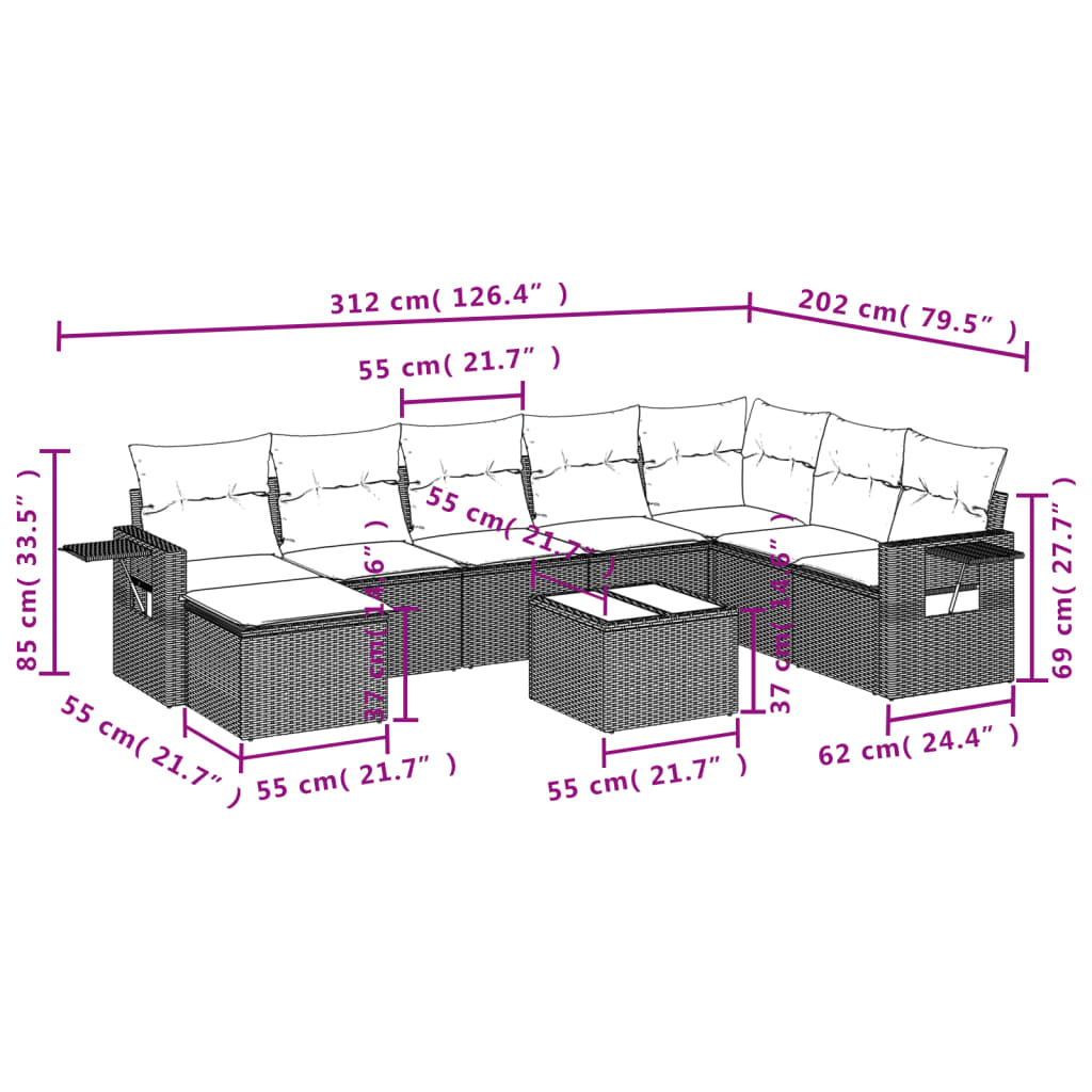 Set Divano da Giardino 9 pz con Cuscini Grigio in Polyrattancod mxl 92220