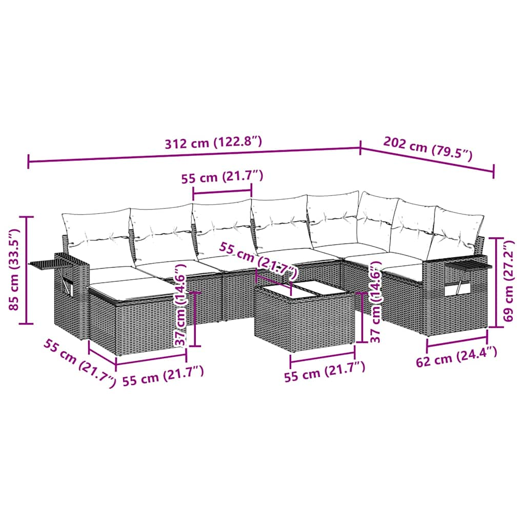 Set Divano da Giardino 9pz con Cuscini Grigio Chiaro Polyrattan 3252909