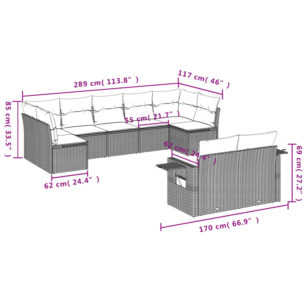 Set Divano da Giardino 9 pz con Cuscini Beige in Polyrattan 3252956