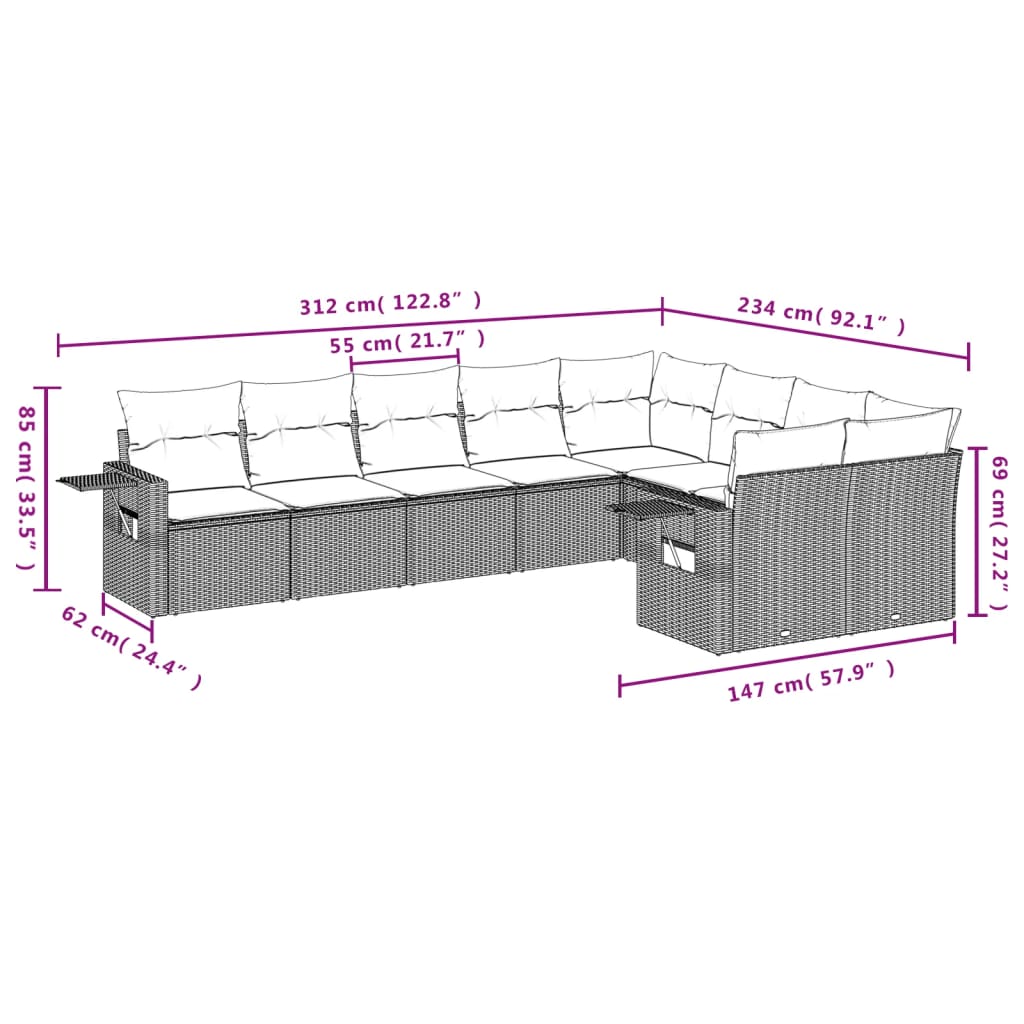 Set Divani da Giardino 9 pz con Cuscini Nero in Polyrattan 3252973