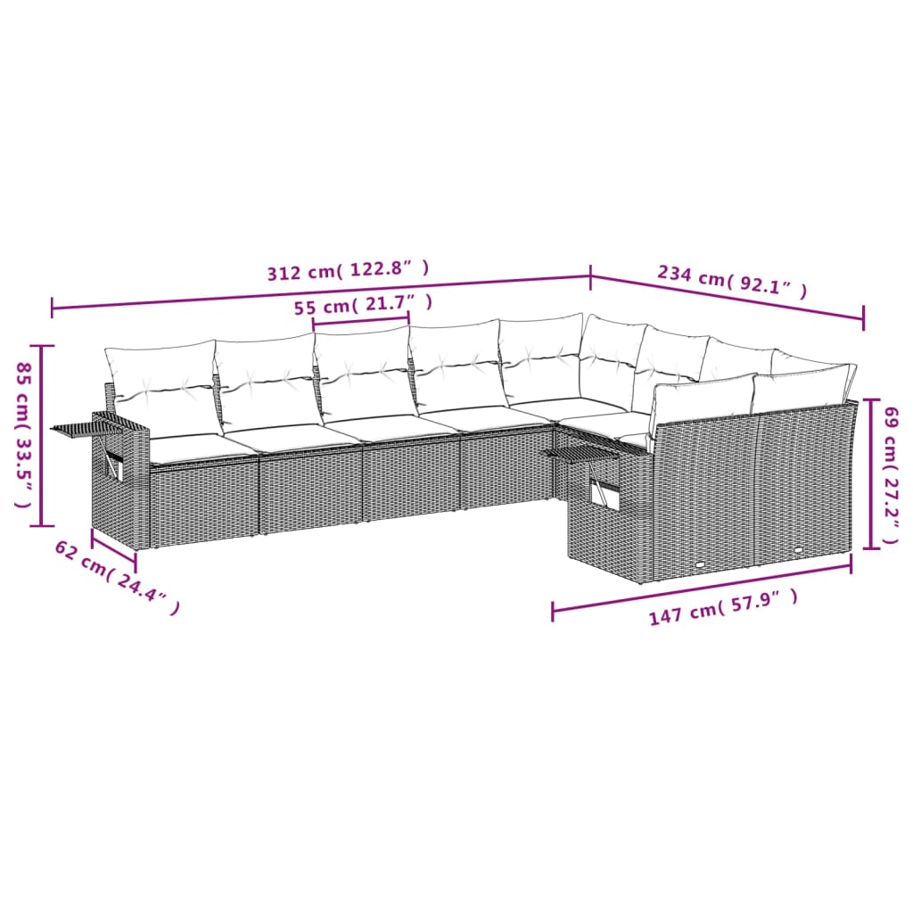 Set Divani da Giardino 9pz con Cuscini Marrone in Polyrattan 3252980