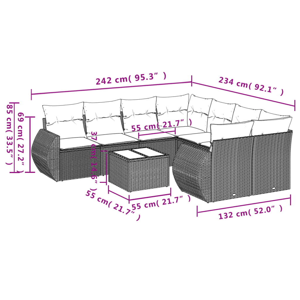 Set Divani da Giardino 9 pz con Cuscini Nero in Polyrattan 3253492