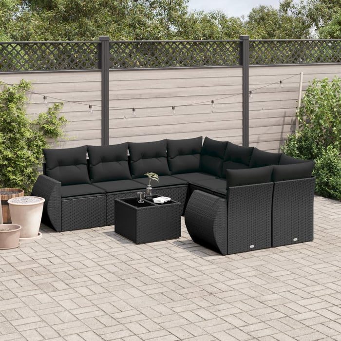 Set Divani da Giardino 9 pz con Cuscini Nero in Polyrattan 3253492