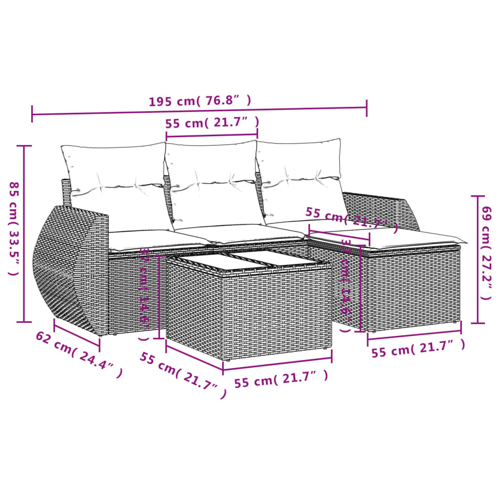 Set Divani da Giardino 5 pz con Cuscini in Polyrattan Nerocod mxl 116070