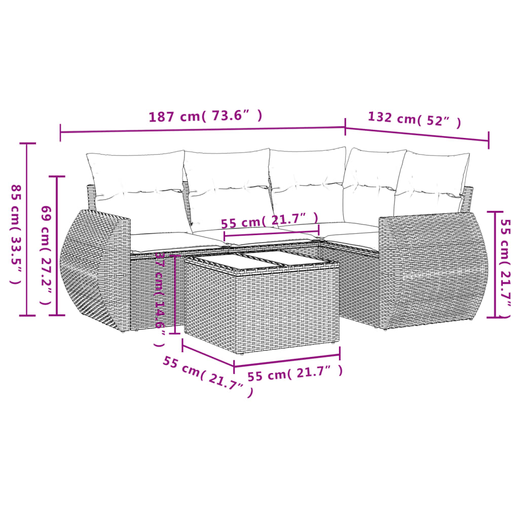 Set Divano da Giardino 5 pz con Cuscini Grigio in Polyrattan 3253657