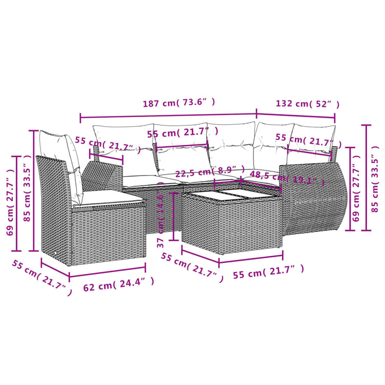 Set Divano da Giardino 6 pz con Cuscini Beige in Polyrattan 3253716