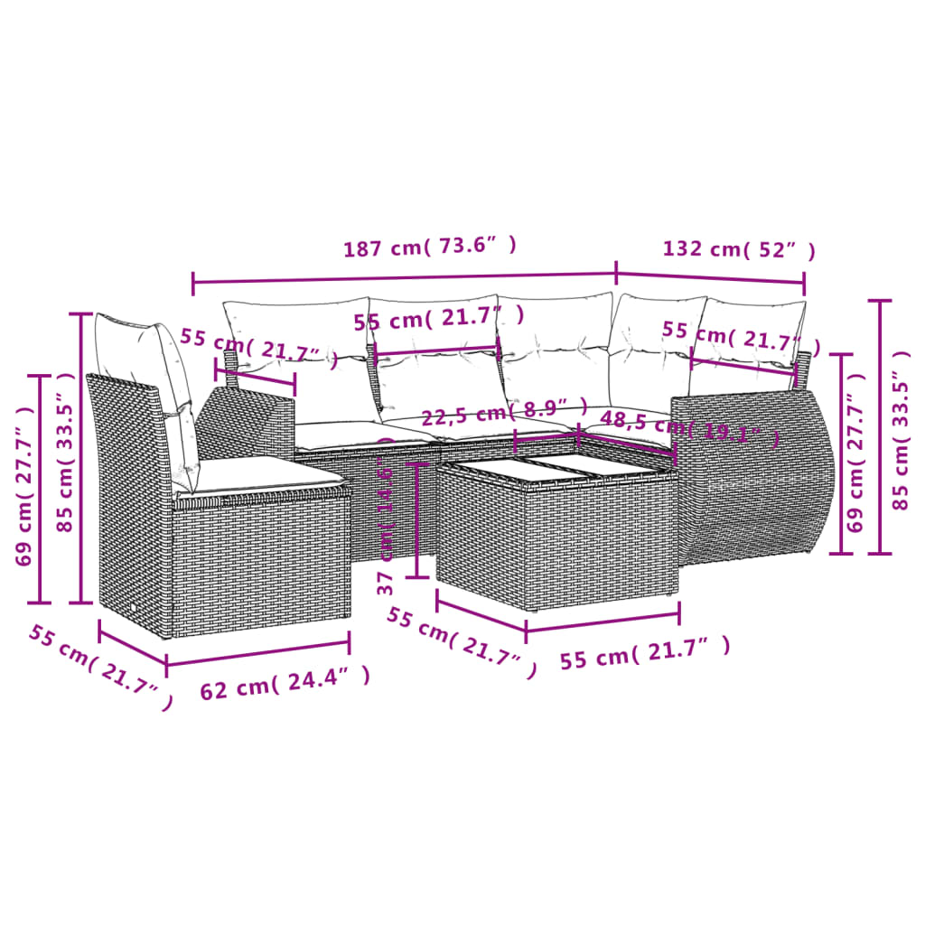 Set Divano da Giardino 6 pz con Cuscini Grigio in Polyrattan 3253717