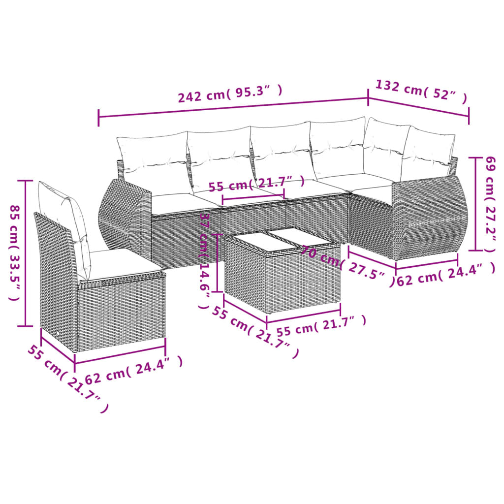 Set Divani da Giardino 7 pz con Cuscini Grigio in Polyrattancod mxl 88489