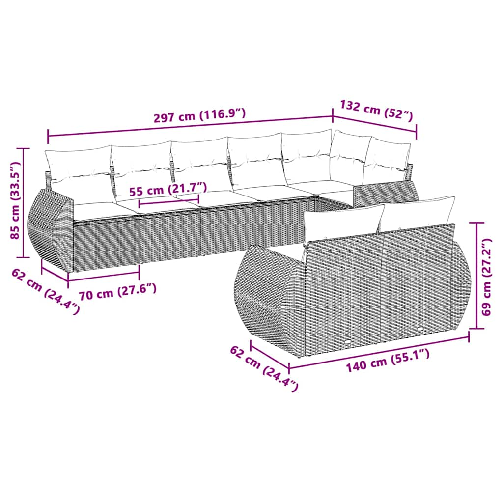 Set Divano da Giardino 8pz con Cuscini Grigio Chiaro Polyrattan 3253959