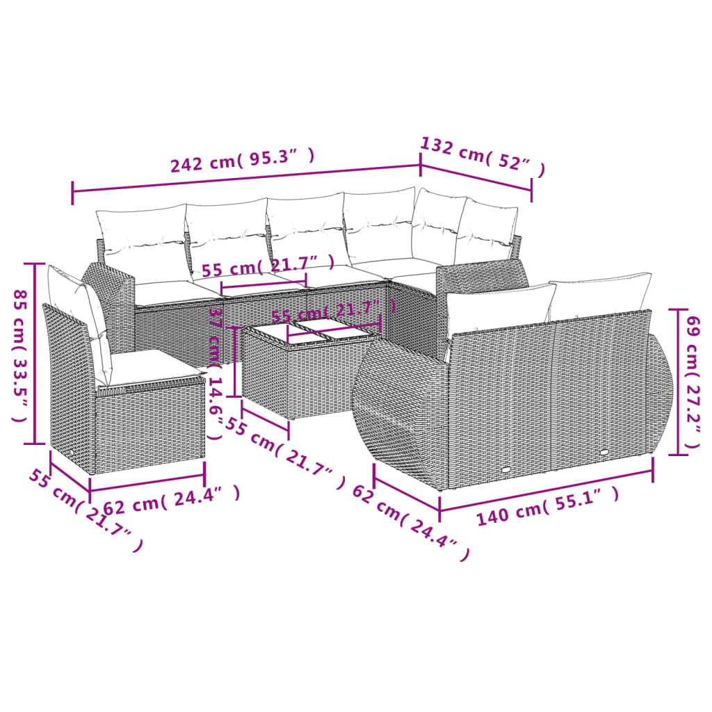 Set Divani da Giardino 9 pz con Cuscini Nero in Polyrattan 3253982