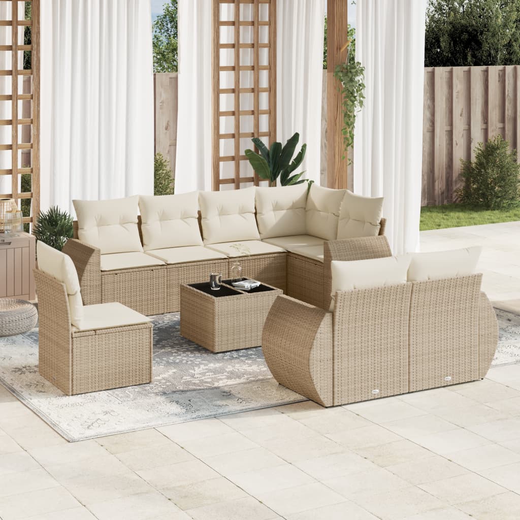 Set Divano da Giardino 9 pz con Cuscini Beige in Polyrattan 3253985