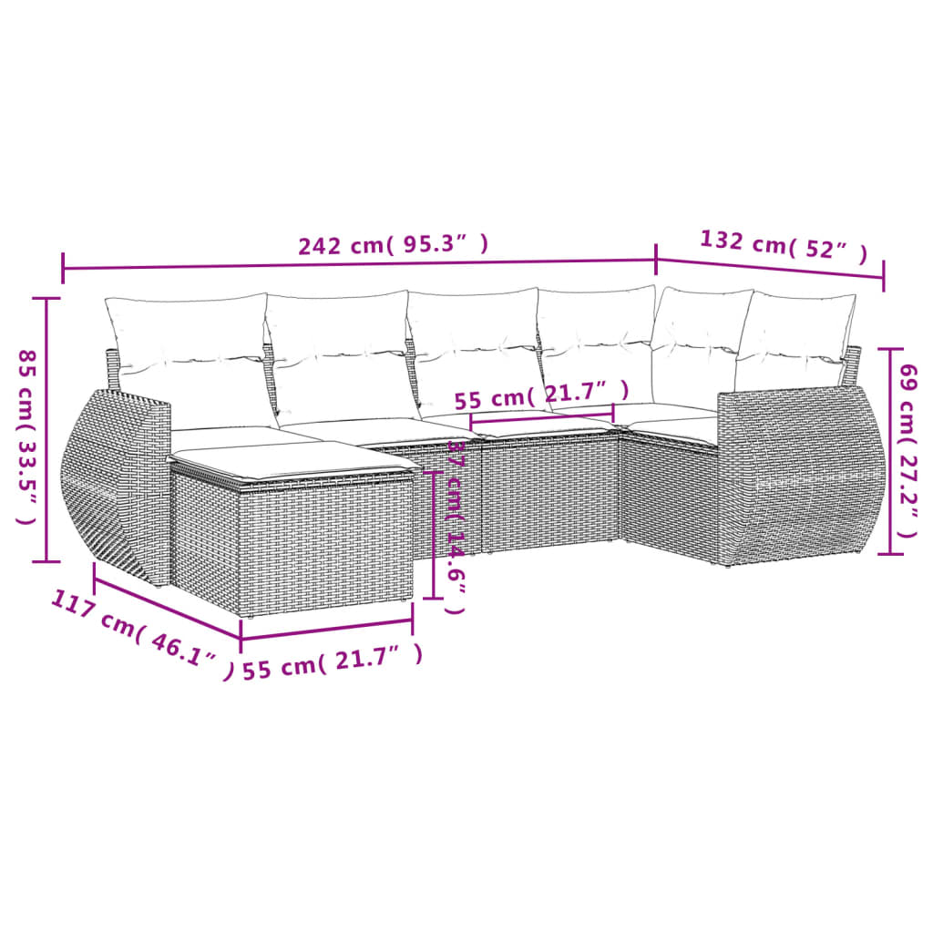 Set Divano da Giardino 6 pz con Cuscini Beige in Polyrattan 3253996