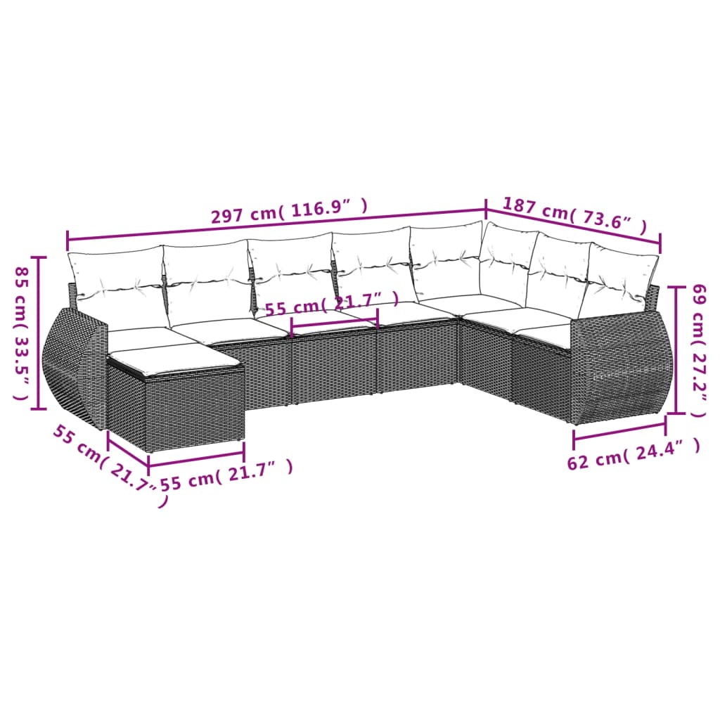 Set Divano da Giardino 9 pz con Cuscini Grigio in Polyrattan 3254107