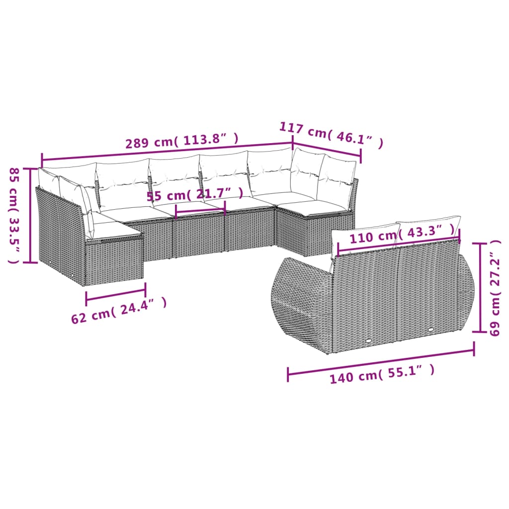 Set Divani da Giardino 9 pz con Cuscini Nero in Polyrattan 3254153