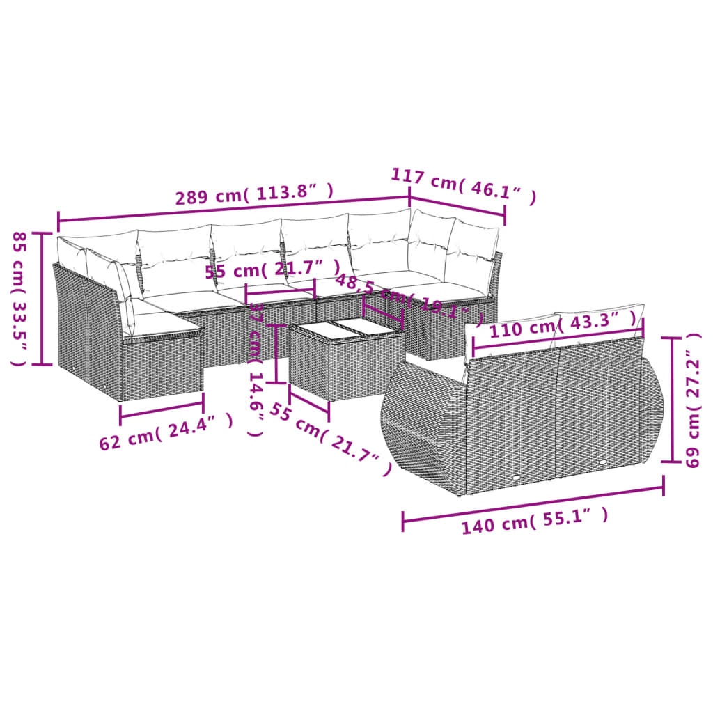 Set Divano da Giardino 10 pz con Cuscini Beige in Polyrattancod mxl 90332