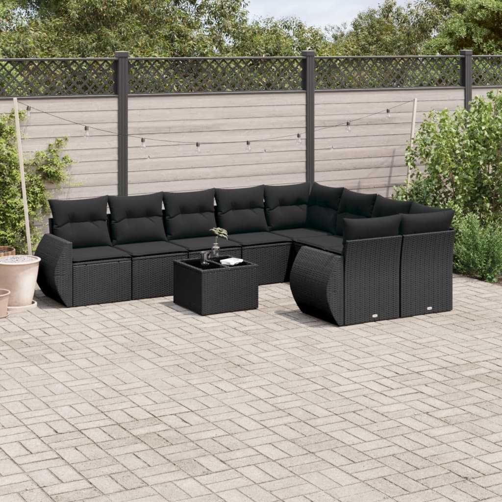 Set Divani da Giardino 10pz con Cuscini in Polyrattan Nero 3254182