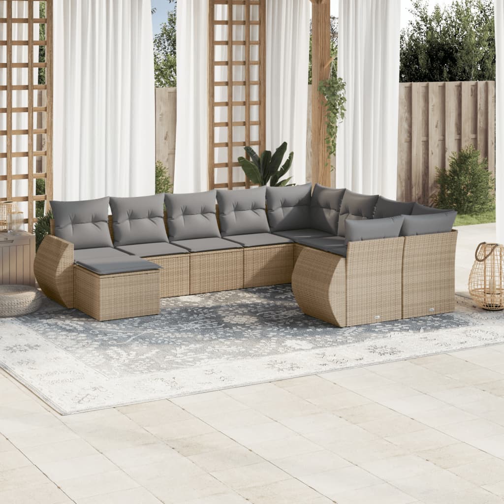 Set Divano da Giardino 10 pz con Cuscini Beige in Polyrattan 3254196