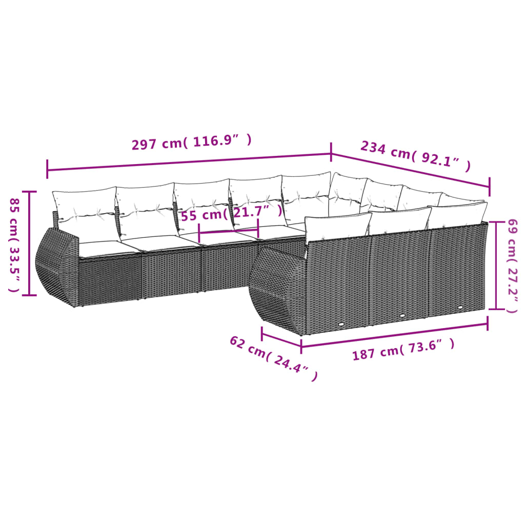 Set Divano da Giardino 10 pz con Cuscini Grigio in Polyrattan 3254227