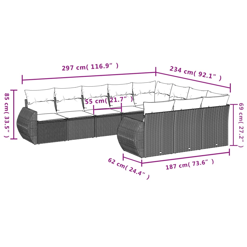 Set Divano Giardino 10 pz con Cuscini Grigio Chiaro Polyrattan 3254229