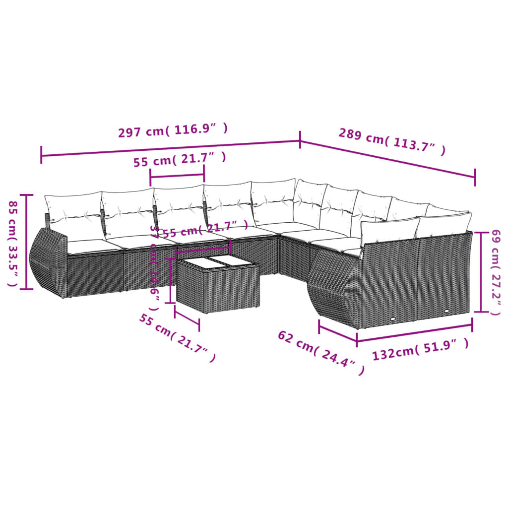 Set Divani da Giardino 11 pz con Cuscini in Polyrattan Nero 3254252