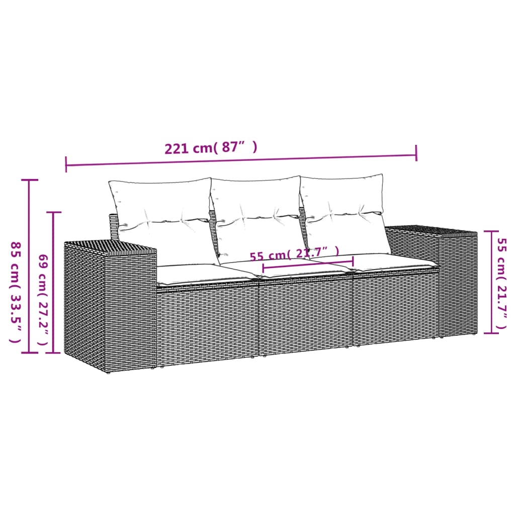 Set Divani da Giardino 3 pz con Cuscini in Polyrattan Nerocod mxl 90301