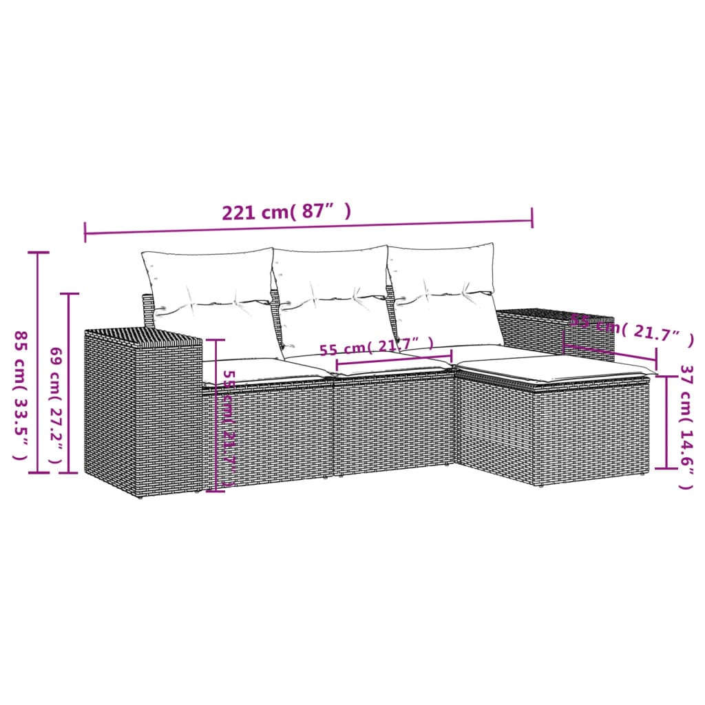 Set Divani da Giardino 4 pz con Cuscini Nero in Polyrattan 3254803