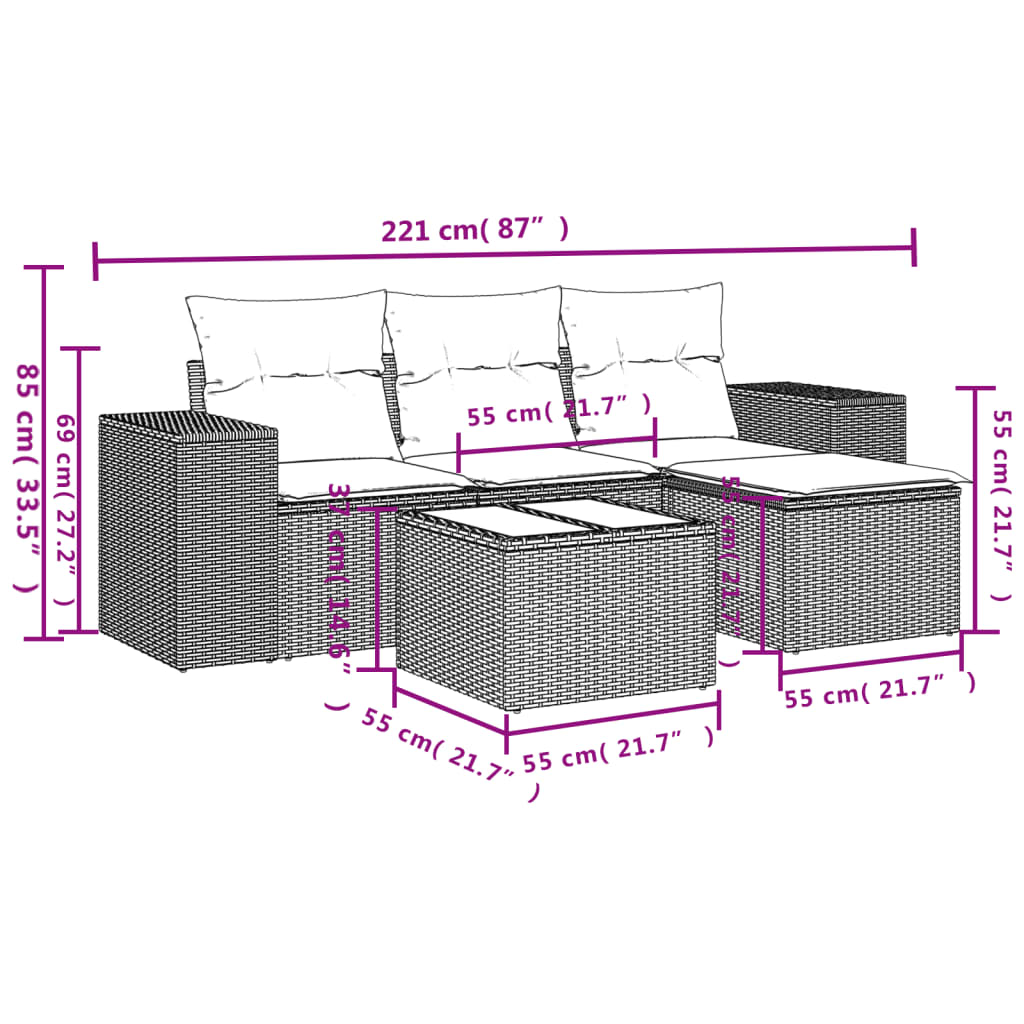 Set Divano da Giardino 5 pz con Cuscini Beige in Polyrattan 3254816