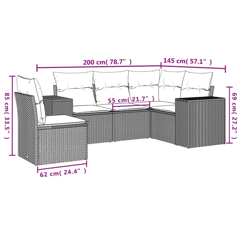 Set Divani da Giardino 5 pz con Cuscini in Polyrattan Nero 3254902