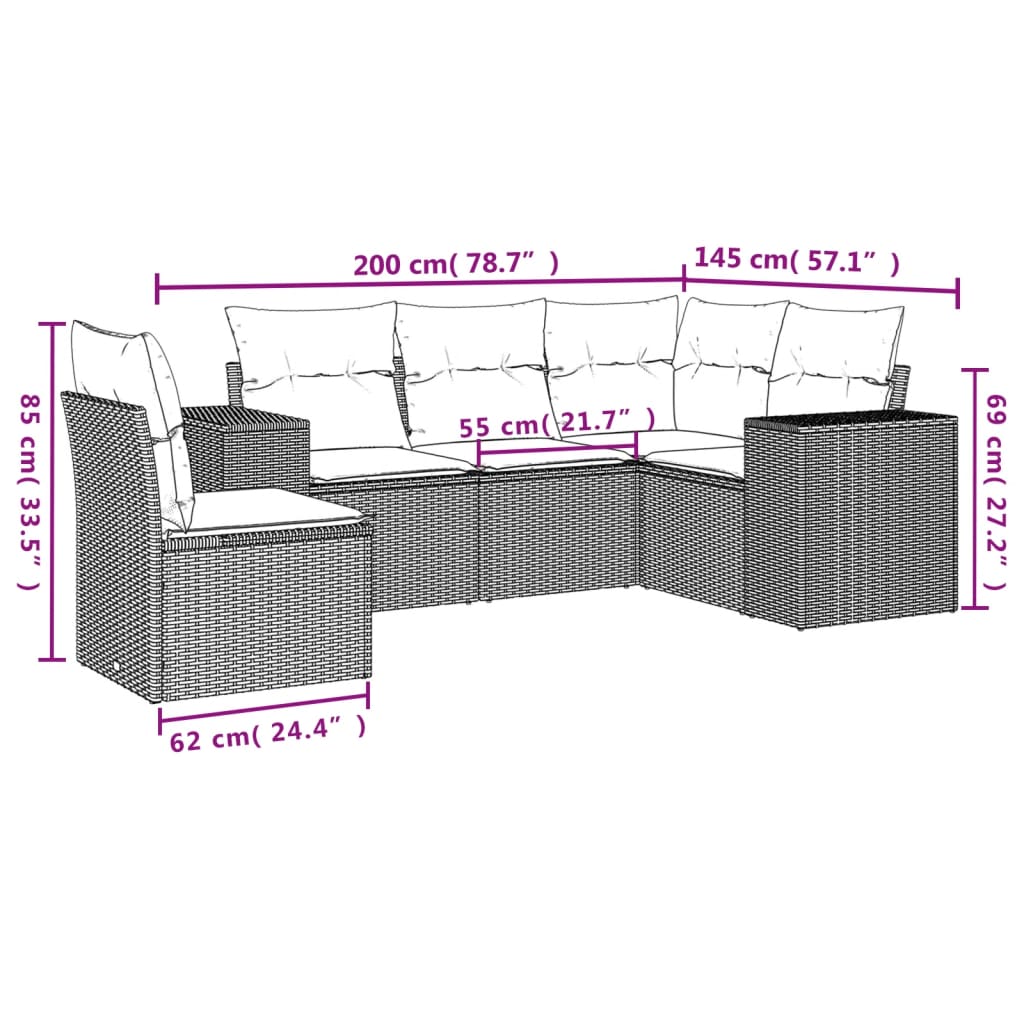 Set Divano da Giardino 5 pz con Cuscini Beige in Polyrattan 3254906