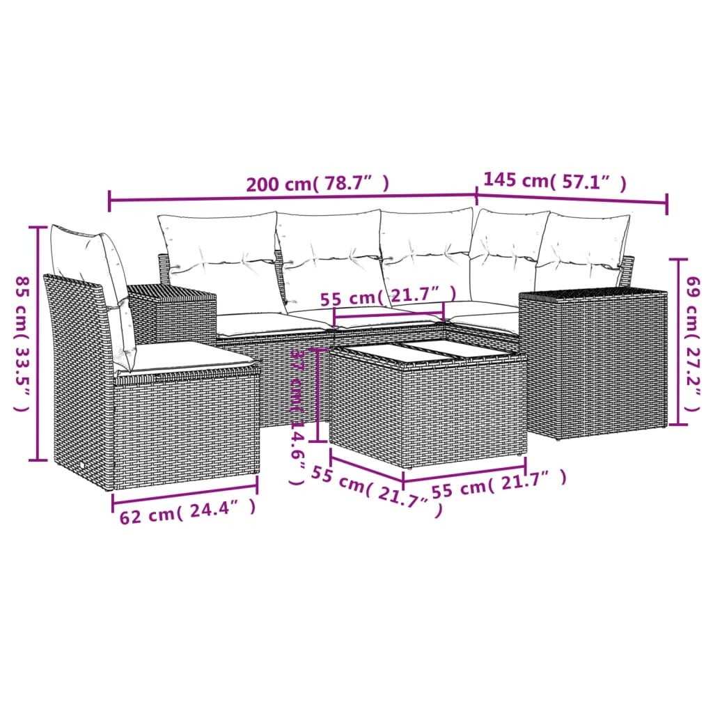 Set Divano da Giardino 6 pz con Cuscini Nero in Polyrattan 3254913