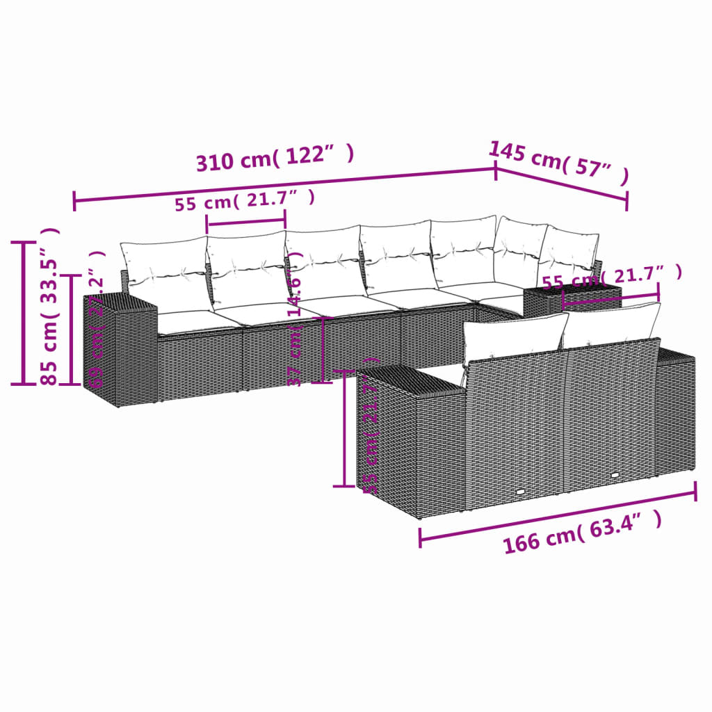 Set Divani da Giardino con Cuscini 8 pz Nero in Polyrattan 3255153