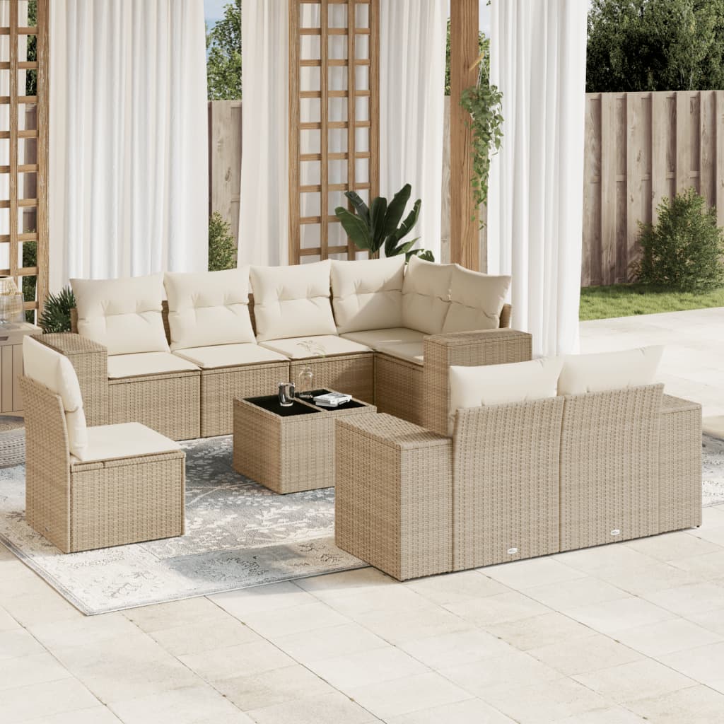 Set Divano da Giardino 9 pz con Cuscini Beige in Polyrattan 3255185