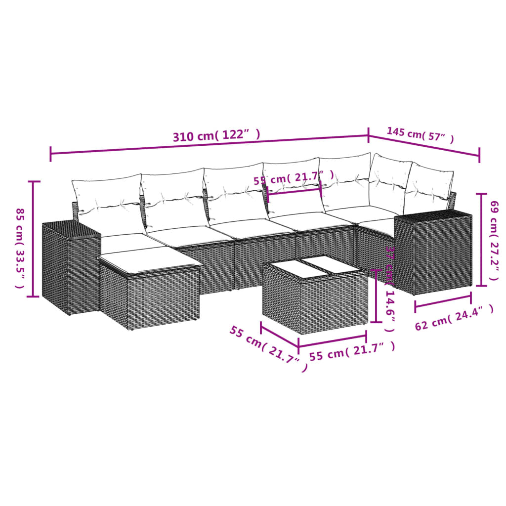 Set Divano da Giardino 8 pz con Cuscini Beige in Polyrattan 3255226