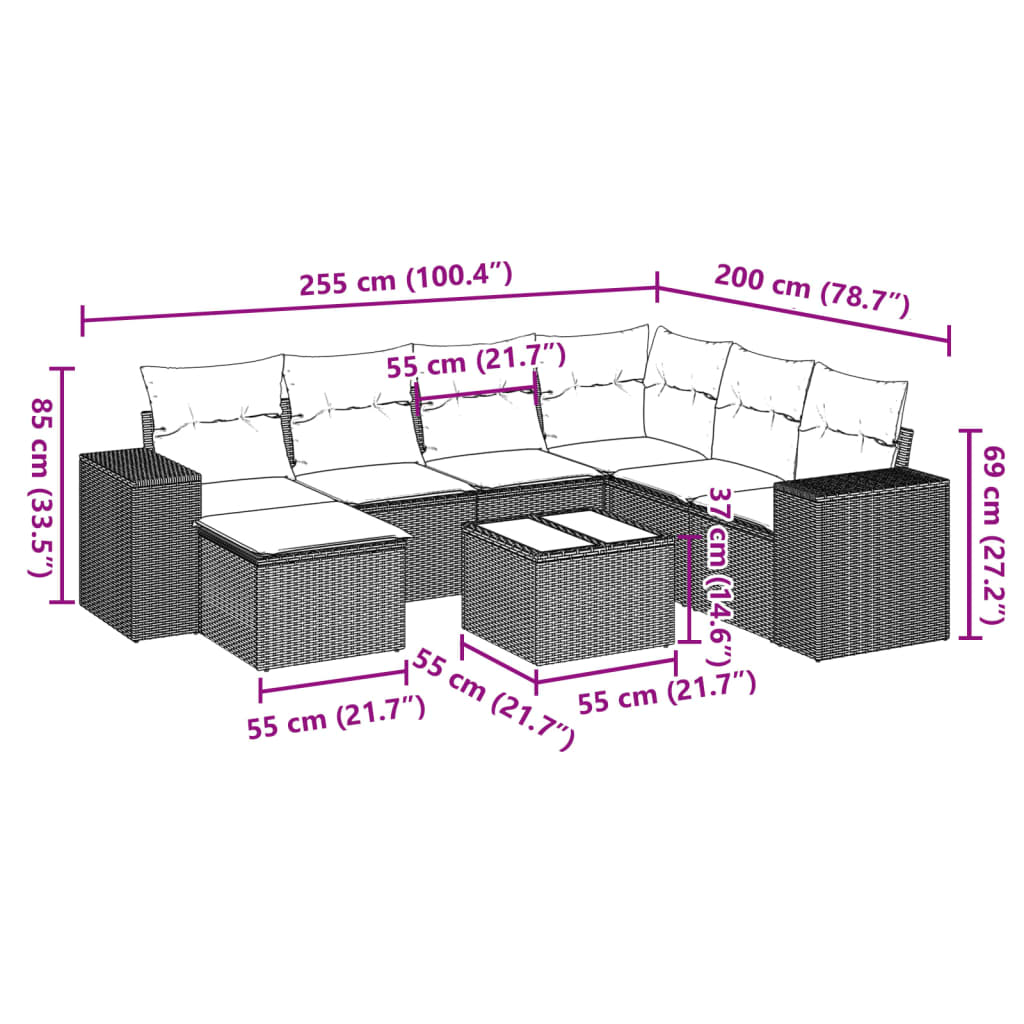 Set Divani da Giardino con Cuscini 8 pz Nero in Polyrattan 3255243