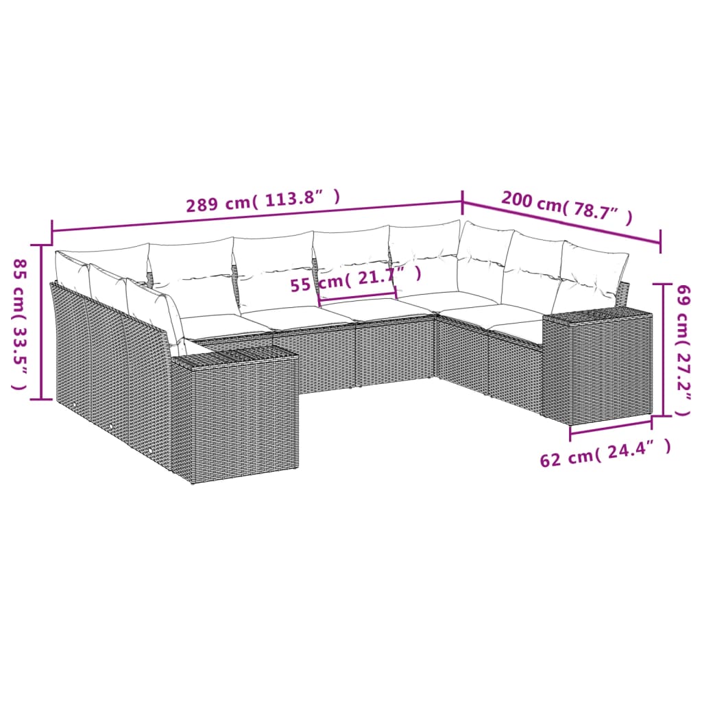 Set Divano da Giardino 9pz con Cuscini Grigio Chiaro Polyrattan 3255339